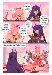 Rule 34 | 2girls, 3koma, :o, ^ ^, absurdly long hair, absurdres, animal, bare shoulders, braid, branch, breasts, brown gloves, bug, butterfly, can (honkai impact), cat, chinese clothes, closed eyes, comic, commentary, elysia (herrscher of human:ego) (honkai impact), elysia (honkai impact), english commentary, english text, flower, furrowed brow, glasses, gloves, highres, honkai (series), honkai impact 3rd, horns, insect, large breasts, long hair, looking at another, mararu, multiple girls, musical note, official alternate costume, one eye closed, pink eyes, pink flower, pink hair, pointy ears, purple hair, purple horns, raiden mei, raiden mei (herrscher of thunder), smile, speech bubble, sweatdrop, third-party source, turning around, very long hair, waving, white footwear, white sleeves