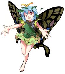 Rule 34 | 1girl, alphes (style), antennae, aqua hair, barefoot, brown eyes, butterfly wings, commentary request, dairi, dress, eternity larva, full body, insect wings, leaf, leaf on head, multicolored clothes, multicolored dress, outstretched arms, parody, scales, short hair, simple background, solo, sparkle, spread arms, style parody, touhou, transparent background, wings