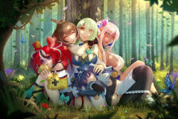 Rule 34 | 5girls, animal ears, antlers, apple, black hair, blonde hair, blue eyes, blue hair, blush, braid, braided bangs, branch, breasts, brown hair, bug, butterfly, ceres fauna, dark-skinned female, dark skin, feather hair ornament, feathers, flower, food, forest, fruit, golden apple, green hair, hair flower, hair intakes, hair ornament, hakos baelz, highres, holocouncil, hololive, hololive english, horns, hug, hug from behind, insect, light brown hair, limiter (tsukumo sana), long hair, mouse ears, mouse girl, mouse tail, multicolored hair, multiple girls, nanashi mumei, nature, oldlim, ouro kronii, planet hair ornament, ponytail, red hair, short hair, sideboob, sleeping, smile, streaked hair, tail, tsukumo sana, tsukumo sana (1st costume), twintails, very long hair, virtual youtuber, white hair, yellow eyes