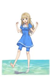 Rule 34 | 1girl, :d, barefoot, blue dress, blue eyes, dress, feet, full body, hands up, highres, long hair, official art, open mouth, princess (princess principal), princess principal, princess principal game of mission, smile, solo, standing, toes, transparent background, wading, water