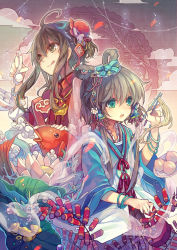 Rule 34 | 2girls, :p, brown hair, chinese clothes, chopsticks, cloud, firecrackers, fish, food, gold, hair ornament, hanfu, highres, luo tianyi, multiple girls, noodles, short hair with long locks, tongue, tongue out, vocaloid, yayin (yayin233), yuezheng ling