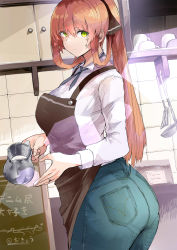 Rule 34 | 1girl, absurdres, apron, ass, breasts, brown apron, brown hair, cafe, closed mouth, collared shirt, denim, girls&#039; frontline, green eyes, highres, indoors, jeans, kitchen, kyoyakyo, large breasts, long hair, pants, ponytail, shirt, sidelocks, solo, springfield (girls&#039; frontline), twisted torso, washing dishes, white shirt
