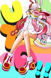 Rule 34 | !, !!, 1girl, bare legs, black ribbon, character name, dress, eyelashes, grin, hair over one eye, happy, headphones, highres, jacket, kiakawatsuji, long hair, looking at viewer, multicolored hair, one piece, one piece film: red, oversized clothes, purple eyes, red hair, ribbon, shoes, simple background, sitting, smile, solo, two-tone hair, uta (one piece), very long sleeves, white background, white dress, white hair
