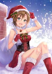 Rule 34 | 10s, 1girl, :d, alternate costume, bad id, bad pixiv id, bare shoulders, blue eyes, blush, boots, brick wall, brown hair, commentary, corset, crown, dress, fukahire (ruinon), fur-trimmed boots, fur-trimmed dress, fur-trimmed gloves, fur collar, fur trim, gloves, hair between eyes, hat, holding, idolmaster, idolmaster cinderella girls, knees up, looking at viewer, md5 mismatch, mini crown, open mouth, red dress, red footwear, red gloves, sack, santa costume, santa dress, santa hat, short hair, sitting, smile, snow, solo, tada riina