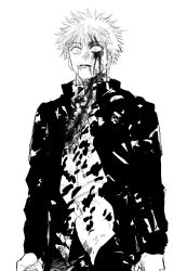 Rule 34 | black jacket, blood, blood on face, blood on clothes, clenched hand, collared jacket, cowboy shot, dress shirt, gojou satoru, greyscale, highres, injury, jacket, jujutsu kaisen, long sleeves, monochrome, open clothes, open jacket, serious, shirt, short hair, simple background, syrnrr, torn clothes, upper body, white background, white hair, white shirt, wide-eyed