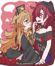 Rule 34 | 2girls, absurdres, black dress, blonde hair, breasts, chain, chinese clothes, cleavage, clothes writing, collar, dress, fang, fingernails, hair between eyes, hand on another&#039;s cheek, hand on another&#039;s face, hat, heart, hecatia lapislazuli, highres, holding another&#039;s wrist, junko (touhou), lana151, long hair, looking at another, miniskirt, multicolored clothes, multicolored skirt, multiple girls, nail polish, neck ribbon, off-shoulder shirt, off shoulder, open mouth, red eyes, red hair, red nails, ribbon, shirt, skin fang, skirt, speech bubble, spoken heart, t-shirt, tabard, touhou, very long hair, yellow neckwear, yuri