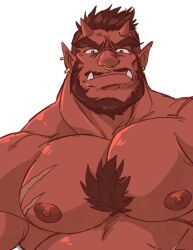 Rule 34 | 1boy, bara, beard, black hair, chest tuft, colored skin, earrings, facial hair, frown, horns, huge eyebrows, jewelry, juggermelon, large pectorals, male focus, mature male, monster boy, muscular, muscular male, mustache, nose piercing, nose ring, nude, oni, oni horns, orc, original, pectorals, piercing, pointy ears, red skin, sanpaku, scar, scar on chest, short hair, solo, thick neck, tusks, undercut, unnamed oni orc (juggermelon), upper body