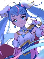 Rule 34 | 1girl, absurdres, ahoge, blue eyes, blue hair, brooch, cape, cure sky, detached sleeves, earrings, fingerless gloves, gloves, grin, highres, hirogaru sky! precure, jewelry, looking at viewer, magical girl, nolmikan, precure, puffy detached sleeves, puffy sleeves, single earring, single sidelock, smile, solo, sora harewataru, twintails, two-sided cape, two-sided fabric, white gloves, wing brooch, wing hair ornament
