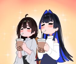 Rule 34 | 2girls, = =, absurdres, ahoge, belt, black belt, black hair, blue hair, blue skirt, blunt bangs, blunt ends, blush stickers, bubble tea, character request, closed eyes, clothing cutout, colored inner hair, commentary, cowboy shot, cup, detached sleeves, disposable cup, double-parted bangs, drink, drinking, drinking straw, english commentary, gradient background, hair intakes, hands up, highres, hime cut, holding, holding cup, holding drink, hololive, hololive english, koizumi arata, long hair, long sleeves, multicolored hair, multiple girls, official alternate costume, official alternate hair length, official alternate hairstyle, orange background, ouro kronii, ouro kronii (casual), sally (ouro kronii), shirt, shoulder cutout, sidelocks, simple background, skirt, sleeveless, sleeveless turtleneck, standing, tea, turtleneck, very long hair, virtual youtuber, white shirt, white sleeves, yellow background