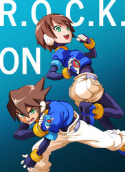 Rule 34 | 1boy, 1girl, aile (mega man zx), ass, bad tag, biometal, black background, black bodysuit, blue background, blue jacket, bodysuit, bodysuit under clothes, brown hair, clenched hand, demi (pixiv22036971), english text, from behind, gradient background, green eyes, holding, jacket, looking at viewer, looking back, mega man (series), mega man zx, model x (mega man), model zx (mega man), pants, short hair, shorts, spiked hair, vent (mega man), white pants, white shorts