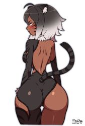 Rule 34 | 1girl, absurdres, animal ears, artist name, back, blush, breasts, covered navel, cowboy shot, dark-skinned female, dark skin, dated, facial mark, from behind, fur collar, highres, large breasts, looking at viewer, looking back, maydaykiki, narrow waist, original, pout, scar, scar across eye, simple background, single thighhigh, tail, thigh gap, thighhighs, tiger ears, tiger girl, tiger tail, whisker markings, white background