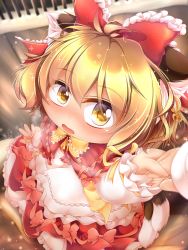 Rule 34 | 1girl, absurdres, animal ears, blush, bow, brown eyes, brown hair, chen, child, dress, earrings, eyebrows, hair bow, hair ornament, heart, heavy breathing, highres, holding hands, jewelry, kurumai, looking up, matching hair/eyes, multiple tails, open mouth, red bow, solo, solo focus, sparkle, tail, touhou