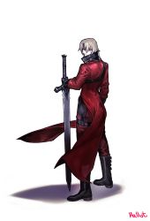 Rule 34 | boots, coat, dante (devil may cry), devil may cry (series), devil may cry 2, gloves, hallot, highres, holding, holding sword, holding weapon, medium hair, red coat, shaded face, signature, simple background, standing, sword, weapon, white background, white hair
