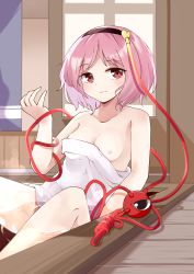 Rule 34 | 1girl, absurdres, bare shoulders, bathing, black eyes, black hairband, blush, breasts, chinese commentary, closed mouth, commentary request, eyeball, feet out of frame, hair ornament, hairband, hand up, heart, heart hair ornament, highres, komeiji satori, lian mang, light smile, looking at viewer, naked towel, nipple slip, nipples, noose, parted bangs, partially submerged, purple hair, red eyes, short hair, sitting, small breasts, solo, third eye, touhou, towel