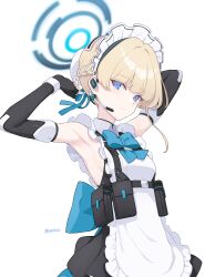 Rule 34 | 1girl, armpits, black gloves, blonde hair, blue archive, blue eyes, blue halo, breasts, closed mouth, commentary request, dan (kumadan), elbow gloves, fingerless gloves, gloves, halo, headset, highres, looking at viewer, maid, maid headdress, medium breasts, short hair, simple background, solo, toki (blue archive), white background