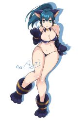 Rule 34 | 1girl, animal ears, animal hands, ayato g90210, bell, bikini, black bikini, blue eyes, blue hair, breasts, cat ears, cat paws, earrings, gloves, highres, jewelry, jingle bell, leona heidern, looking at viewer, neck bell, on floor, paw shoes, skindentation, sleeves past elbows, snk heroines: tag team frenzy, solo, swimsuit, the king of fighters, triangle earrings