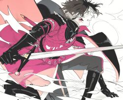 Rule 34 | 1boy, armor, black cape, black footwear, black gloves, black hair, black pants, boots, cape, constantine xi (fate), earrings, fate/grand order, fate (series), floating hair, from side, full body, gloves, grey eyes, holding, holding sword, holding weapon, jewelry, kitada, looking ahead, male focus, on one knee, open mouth, pants, partially colored, profile, red armor, red tunic, sheath, short hair, side cape, smoke, solo, sword, teeth, tunic, upper teeth only, weapon, white background