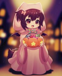 Rule 34 | 1girl, :3, black hair, blurry, blurry background, bow, bowtie, candy, child, demon wings, female focus, food, furry, furry female, hair bow, halloween, halloween bucket, halloween costume, highres, holding, hood, hood up, hooded robe, mini wings, night, one side up, open mouth, original, pink bow, pink robe, racal ra, robe, solo, tail, tareme, twitter username, wide sleeves, wings
