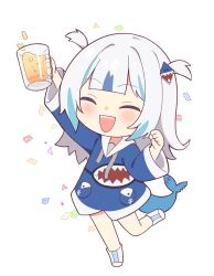 Rule 34 | 1girl, ^ ^, animal costume, arm up, blue hair, blue hoodie, blunt bangs, blush, chibi, clenched hand, closed eyes, commentary, confetti, cup, drink, fins, fish tail, gawr gura, gawr gura (1st costume), grey hair, hair ornament, hand up, highres, holding, holding cup, hololive, hololive english, hood, hoodie, long sleeves, medium hair, mug, multicolored hair, nzmtarou, open mouth, shark costume, shark girl, shark hair ornament, shark print, shark tail, shoes, sidelocks, simple background, smile, solo, standing, standing on one leg, streaked hair, tail, teeth, two side up, upper teeth only, virtual youtuber, white background, white footwear, wide sleeves