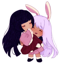Rule 34 | 2girls, ^ ^, animal ears, ankle socks, black footwear, black hair, blouse, blunt bangs, blunt ends, blush, carrying, carrying person, chibi, closed eyes, closed mouth, couple, covering own mouth, facing viewer, frilled sleeves, frills, from side, full body, hand over own mouth, hand up, happy, hime cut, houraisan kaguya, legs apart, lifting person, light purple hair, long hair, long skirt, long sleeves, multiple girls, nekolina, no nose, open mouth, pink shirt, pink skirt, pleated skirt, rabbit ears, rabbit girl, rabbit tail, red skirt, reisen udongein inaba, shirt, simple background, skirt, sleeves past fingers, sleeves past wrists, smile, socks, standing, swept bangs, tail, touhou, u u, white background, white socks, wide sleeves, yuri