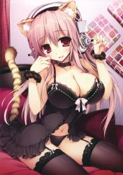 Rule 34 | 1girl, :d, absurdres, animal ears, babydoll, black panties, black thighhighs, breasts, cleavage, collar, garter straps, headphones, highres, karory, lace, lace-trimmed legwear, lace trim, large breasts, lingerie, applying manicure, navel, nitroplus, open mouth, panties, paw pose, pink hair, plaid, red eyes, scrunchie, sitting, smile, solo, super sonico, tail, thighhighs, tiger ears, tiger tail, underwear, wrist scrunchie