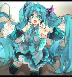 Rule 34 | 1girl, :d, aqua eyes, aqua hair, boots, detached sleeves, hatsune miku, kneeling, letterboxed, long hair, necktie, open mouth, skirt, smile, solo, thigh boots, thighhighs, toujou sakana, twintails, very long hair, vocaloid