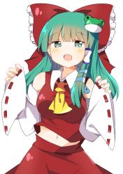 Rule 34 | + +, 1girl, :d, ascot, bare shoulders, bow, collared shirt, cosplay, cowboy shot, detached sleeves, frog hair ornament, green eyes, green hair, hair bow, hair ornament, hair tubes, hakurei reimu, hakurei reimu (cosplay), highres, kochiya sanae, looking at viewer, navel, nontraditional miko, open mouth, red bow, red shirt, red skirt, ribbon-trimmed sleeves, ribbon trim, shirt, simple background, skirt, smile, snake hair ornament, solo, standing, touhou, white background, wide sleeves, yellow ascot, zerokosan