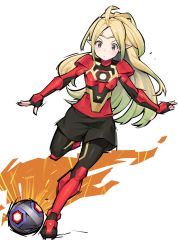 Rule 34 | 1girl, ahoge, ball, blonde hair, brown eyes, circlet, closed mouth, fire emblem, fire emblem awakening, full body, highres, igni tion, mario (series), mario strikers charged, nintendo, nowi (fire emblem), pointy ears, simple background, soccer, soccer ball, soccer uniform, solo, sportswear, white background