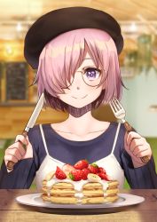 Rule 34 | 1girl, alternate costume, bad id, bad pixiv id, beret, blurry, blurry background, brown hat, closed mouth, collarbone, commentary request, depth of field, dress, fate/grand order, fate (series), food, fork, fruit, glasses, glasses day, hair over one eye, hands up, hat, highres, holding, holding fork, holding knife, knife, kurono kito, long sleeves, mash kyrielight, pancake, pancake stack, pink hair, purple eyes, purple shirt, shirt, short hair, sleeveless, sleeveless dress, smile, solo, strawberry, table, white dress