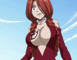 Rule 34 | 1girl, animated, animated gif, blue sky, braid, breast focus, breast tattoo, breasts, chest tattoo, cleavage, cross scar, dress, elbow gloves, fairy tail, female focus, flare corona, gloves, hair over one eye, head tilt, large breasts, lips, long hair, red dress, red eyes, red hair, scar, scar on arm, scar on shoulder, sky, smile, solo, source request, standing, tattoo, twin braids, very long hair