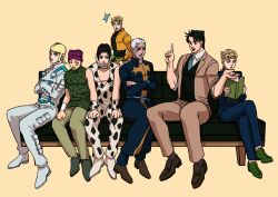 Rule 34 | 6+boys, animal print, beanie, black hair, blonde hair, book, brothers, cassock, cleavage cutout, clothing cutout, couch, cow print, crossed arms, crossed legs, dark-skinned male, dark skin, dio brando, donatello versus, enrico pucci, family, father and son, giorno giovanna, hage tashuumi, hat, highres, jojo no kimyou na bouken, jonathan joestar, male focus, multiple boys, neck brace, necktie, pointing, pointing up, priest, reading, rikiel, siblings, sideburns, simple background, sitting, stone ocean, sweater vest, time paradox, ungaro, vento aureo, white hair, wristband