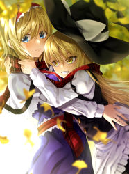 Rule 34 | 2girls, :d, akane hazuki, alice margatroid, apron, autumn, autumn leaves, black headwear, black vest, blonde hair, blue dress, blue eyes, blurry, blurry background, blush, bow, capelet, closed mouth, commentary request, day, depth of field, dress, enpera, falling leaves, frilled apron, frills, from side, ginkgo leaf, grin, hairband, hat, hat bow, hat ornament, highres, juliet sleeves, kirisame marisa, leaf, leaning forward, long hair, long sleeves, looking at viewer, looking to the side, multiple girls, open mouth, outdoors, plaid, plaid scarf, puffy sleeves, red hairband, red scarf, scarf, shared clothes, shared scarf, short hair, smile, teeth, touhou, v-shaped eyebrows, very long hair, vest, waist apron, white apron, white bow, white capelet, witch hat, yellow eyes, yuri