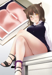 Rule 34 | 1girl, against glass, animal ears, ass on glass, bar censor, black skirt, black vest, brown eyes, censored, closed mouth, crossed legs, futatsuiwa mamizou, glasses, high heels, kozue akari, long sleeves, looking at viewer, office lady, open shoes, panties, panties around leg, photo (object), photocopier, photocopying self, polo shirt, printer, purple panties, pussy, raccoon ears, raccoon girl, shirt, sitting, skirt, smile, solo, thighs, toes, touhou, underwear, vest, white shirt