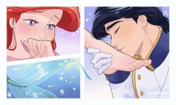 1boy 1girl air_bubble artist_name black_hair blue_eyes bubble commentary_request covering_own_mouth feet foot_worship gloves hetero highres holding_another&#039;s_foot jacket mermaid monster_girl red_hair tarolotta the_little_mermaid watermark white_gloves white_jacket