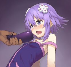 Rule 34 | 10s, 1boy, 1girl, blush, breasts, chiwino, d-pad, dark-skinned male, dark skin, dress, eggplant, feeding, flat chest, food, gradient background, hair ornament, neptune (neptunia), neptune (series), open mouth, petite, purple background, purple eyes, purple hair, saliva, sexually suggestive, short hair, sidelocks, small breasts, solo focus, strap slip, sweat, tears, vegetable
