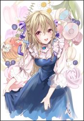 Rule 34 | 1girl, blonde hair, blue dress, blueberry, cherry, daisy, dress, floral background, flower, food, frills, fruit, hair ribbon, highres, looking at viewer, original, pink eyes, puracotte, purple ribbon, ribbon, smile, solo, tulip, white dress