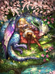 Rule 34 | 1girl, animal, arisa (shadowverse), arm up, arrow (projectile), black gloves, blonde hair, blue flower, blue shirt, boots, bow (weapon), breasts, brown footwear, brown thighhighs, cape, closed mouth, commentary request, day, dragon, elbow gloves, elf, closed eyes, flower, gloves, grass, hair ribbon, highres, long hair, medium breasts, nima (niru54), on grass, outdoors, parted lips, petals, petals on liquid, pink flower, pointy ears, quiver, red cape, red ribbon, ribbon, scales, shadowverse, shirt, skirt, sleeping, sleeveless, sleeveless shirt, solo, thigh boots, thighhighs, very long hair, water, weapon, white skirt