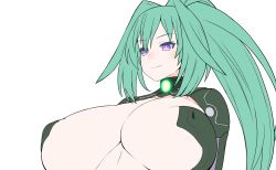 Rule 34 | 1girl, blush, bodysuit, breasts, cleavage, green hair, green heart (neptunia), huge breasts, kami jigen game neptune v, leotard, long hair, looking at viewer, midriff, neptune (series), ponytail, purple eyes, simple background, smile, solo, symbol-shaped pupils, up (mmmmmmmmss), upper body, very long hair, white background