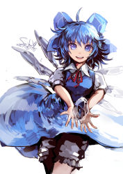 Rule 34 | 1girl, bad id, bad pixiv id, blue eyes, blue hair, bow, cirno, dress, hair bow, highres, ice, matching hair/eyes, open mouth, short hair, smile, solo, suikaxd(zhanweiheng1992), touhou, wings