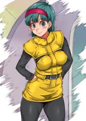 Rule 34 | 1girl, :&gt;, blue eyes, blush, bodysuit, breasts, bulma, closed mouth, covered erect nipples, dragon ball, dragonball z, earrings, feet out of frame, female focus, green hair, groin, hairband, hands in pockets, highres, indoors, jewelry, legs, looking at viewer, medium breasts, medium hair, red hairband, sakuradou, skin tight, smile, solo, spaceship, standing, thighs, yellow bodysuit