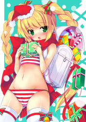 Rule 34 | 1girl, backpack, bag, blonde hair, blush, bow legwear, braid, candy, candy cane, christmas, female focus, food, gift, green eyes, hat, holding, long hair, looking at viewer, mayusaki yuu, navel, open mouth, original, panties, randoseru, red panties, santa hat, scarf, solo, standing, striped clothes, striped panties, tank top, thighhighs, twin braids, underwear, underwear only, white thighhighs