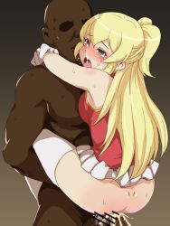 Rule 34 | 1boy, 1girl, arms around neck, ass, bar censor, bare shoulders, blonde hair, blue eyes, blush, bottomless, breasts, brown background, censored, centurion (k9a9e9l9), cum, cum in pussy, dark-skinned male, dark skin, dimples of venus, gloves, gradient background, heart, held up, hetero, long hair, medium breasts, no panties, open mouth, penis, regalia the three sacred stars, saliva, sex, simple background, skirt, straddling, suspended congress, sweat, tears, thighhighs, tongue, uniform, vaginal, white gloves, white thighhighs, yuinshiel asteria