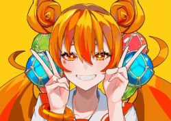 Rule 34 | 1girl, blonde hair, bracelet, bright pupils, clenched teeth, close-up, double bun, double v, grin, hair bun, hair ornament, jewelry, lam (ramdayo), low twintails, orange hair, original, simple background, smile, solo, teeth, twintails, v, white pupils