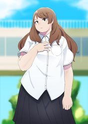Rule 34 | 1girl, absurdres, arm at side, black skirt, blue sky, blurry, blurry background, breasts, brown eyes, brown hair, day, hand up, highres, hoshiai no sora, kasuga kinuyo, korean commentary, long hair, medium breasts, outdoors, plump, pocket, school uniform, shirt, skirt, sky, solo, standing, thick arms, white shirt