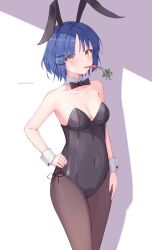 Rule 34 | 1girl, absurdres, animal ears, bare shoulders, black leotard, blue hair, bocchi the rock!, bow, bowtie, breasts, carrot, collarbone, covered navel, daidai (daidai826), food in mouth, hair ornament, hairclip, highres, leotard, looking at viewer, medium breasts, pantyhose, playboy bunny, rabbit ears, short hair, solo, twitter username, wrist cuffs, yamada ryo, yellow eyes