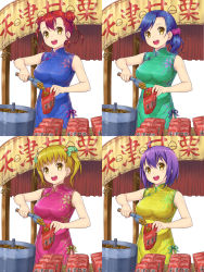 Rule 34 | 4girls, :d, ahoge, breasts, brown eyes, brown hair, chestnut, china dress, chinese clothes, double bun, dress, flower, food stand, hair flower, hair ornament, highres, hisho collection, komase (jkp423), large breasts, multiple girls, open mouth, purple hair, red hair, short hair, side ponytail, smile, twintails
