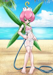 Rule 34 | 1girl, beach, digimon, digimon (creature), fairy, female focus, flower, highres, lilimon, monster girl, petals, plant girl, sand, solo, water