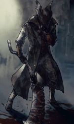 Rule 34 | 1boy, blood, bloodborne, bonnet, boots, capelet, cloak, coat, fune (nkjrs12), gloves, gun, hat, highres, holding, holding weapon, hunter (bloodborne), male focus, mask, mouth mask, saw, saw cleaver, short hair, simple background, solo, standing, sword, weapon