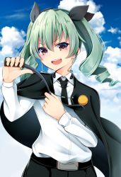 Rule 34 | 10s, 1girl, anchovy (girls und panzer), belt, black cape, black necktie, black ribbon, cape, cloud, cloudy sky, day, dress shirt, drill hair, girls und panzer, green hair, hair between eyes, hair ribbon, long hair, long sleeves, looking at viewer, necktie, open mouth, outdoors, ribbon, riding crop, school uniform, shirt, sky, smile, solo, suishin tenra, suitenjh, teeth, twin drills, twintails, uniform, white shirt