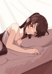 Rule 34 | 1girl, absurdres, bed sheet, black nails, brown hair, closed mouth, commentary request, genshin impact, highres, hu tao (genshin impact), jewelry, long hair, lying, nanana1218, on bed, on side, pillow, ponytail, red eyes, ring, smile, solo